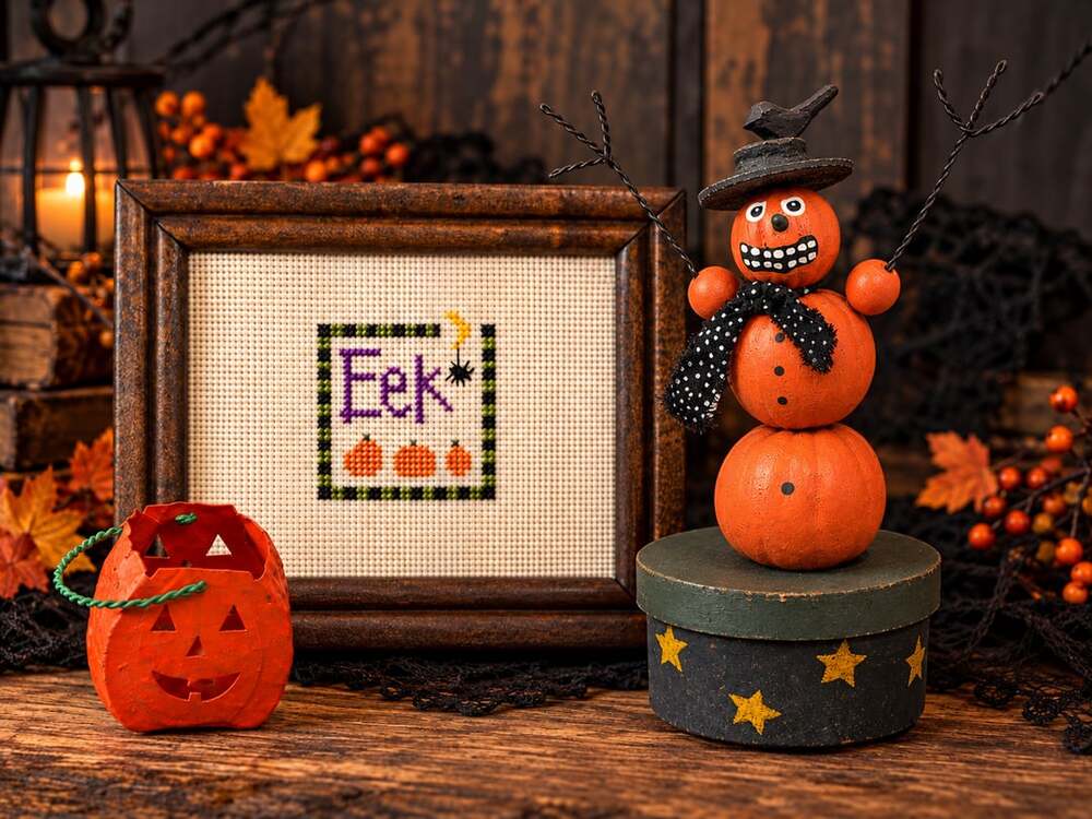 Folk Art Halloween Lot Pumpkin Push Puppet Eek Sampler Pail Primitive Decor Vtg